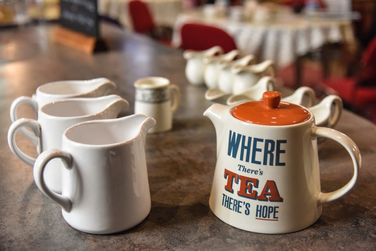 Tea pot, mugs and milk jugs. St Michael and All Angels church re-ordering.