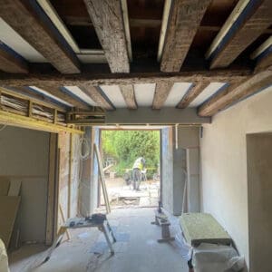 An entrance hall in a listed property with stunning ceiling timbers. Communion Architects Hereford