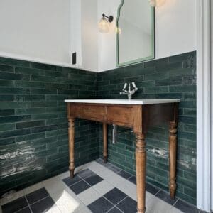 Beautiful interior design in listed property bathroom. Detailing upcycled vanity stand. Communion Architects Hereford
